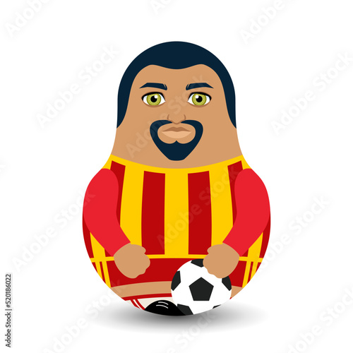 Football player. A young man with a beard in a football uniform with a ball at his feet. Designer tilting toy. Modern kawaii dolls for your business project.