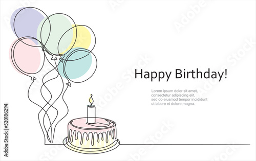 anniversary, baked, bakery, balloons, banner, birthday, birthday cake, black, cake, candle, card, celebrate, celebration, concept, continuous, continuous line, contour, cream, creative, cupcake, decor