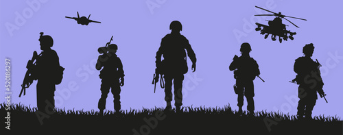 Squad soldier silhouette vector, warrior at war. Silhouette of the military with weapons during training. photo