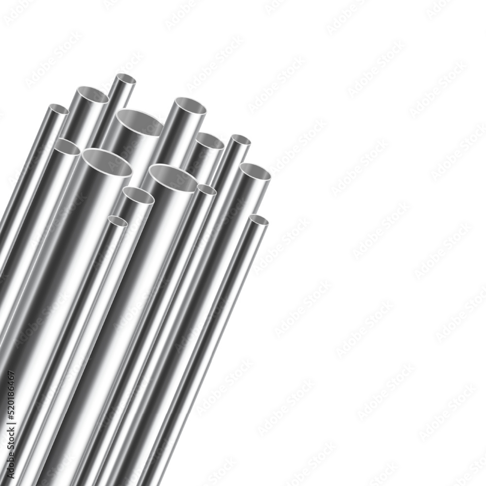 A set of steel and aluminium pipes of various diameters. Realistic vector illustration isolated on white background A set of steel and aluminium pipes of various diameters. Realistic vector illustration isolated on white background