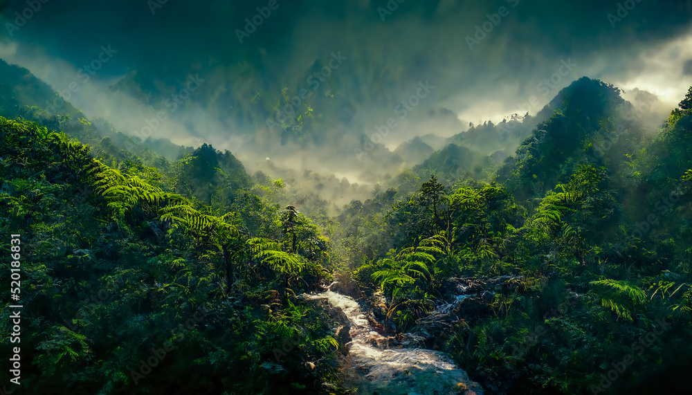 Exotic foggy forest. Jungle panorama, forest oasis. Foggy dark forest. Natural forest landscape. 3D illustration. Exotic foggy forest. Jungle panorama, forest oasis. Foggy dark forest. Natural forest landscape. 3D illustration.