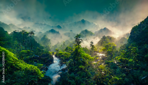 Exotic foggy forest. Jungle panorama, forest oasis. Foggy dark forest. Natural forest landscape. 3D illustration.