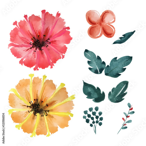 hand painted watercolor flower and leaves set