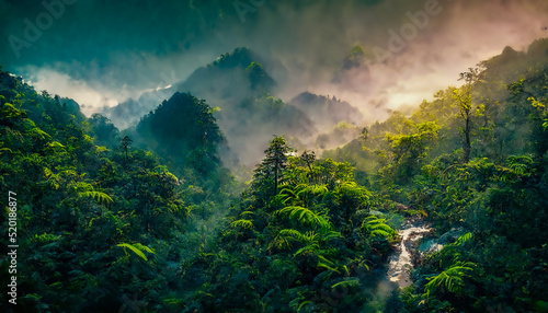 Exotic foggy forest. Jungle panorama  forest oasis. Foggy dark forest. Natural forest landscape. 3D illustration.