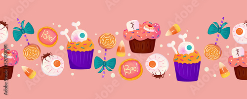 Halloween border with sweet dessert eyeball  cake and lollipop. Autumn vector background. Vector cartoon design. Halloween sweet  round cookie  spooky cake