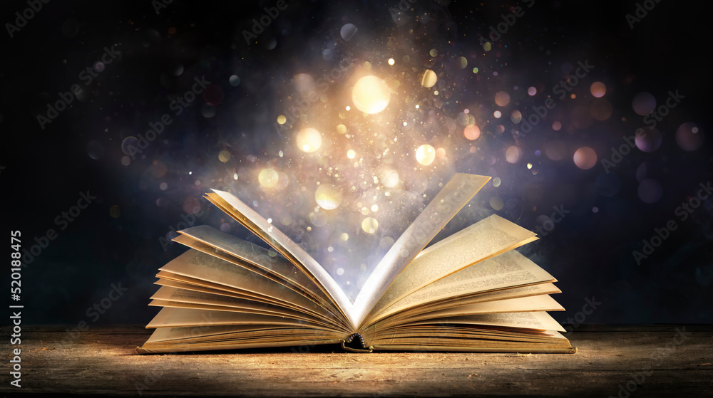 Magic Book With Open Antique Pages And Abstract Bokeh Lights Glowing In Dark Background - Literature And Education Concept - obrazy, fototapety, plakaty 