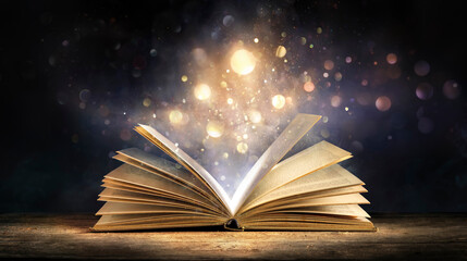 Magic Book With Open Antique Pages And Abstract Bokeh Lights Glowing In Dark Background - Literature And Education Concept