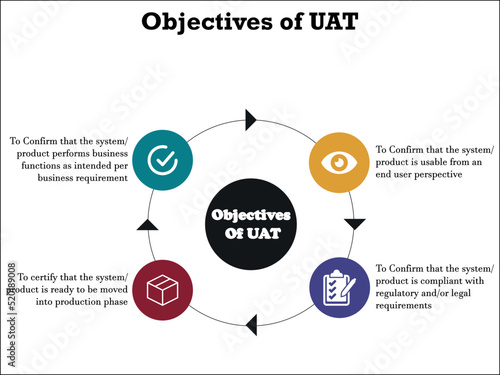 Objectives of User Acceptance Testing with icons and descriptions in an Infographic template