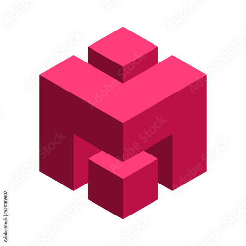 Red abstract cube shape. 3D letter M logo template. Geometric square object. Isometric letters M L symbol. Corporate logotype. Architecture block design element. Vector illustration, flat, clip art. 
