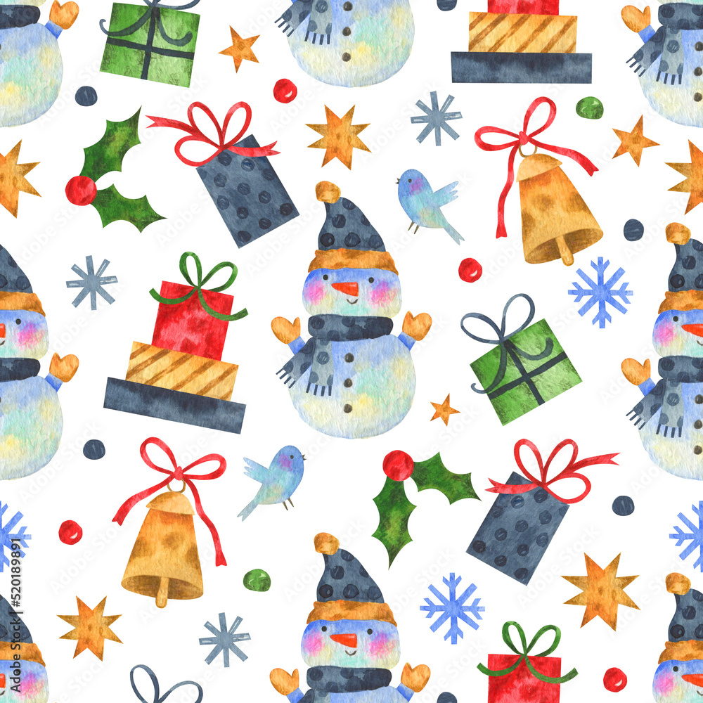 Fototapeta premium Watercolor seamless pattern-cute snowmen in hats with elements - star, bell, gifts, snowflakes and bird. Winter holidays watercolor illustration with cute snowman character. Perfect for wrapping paper