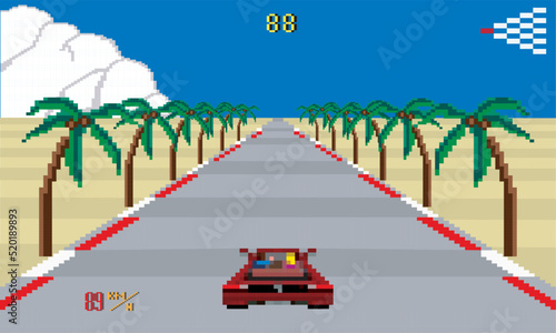 Retro video game Racing room in vector illustration Pixel Art style. 8-bit Pixel graphics with palm tree beach background. 