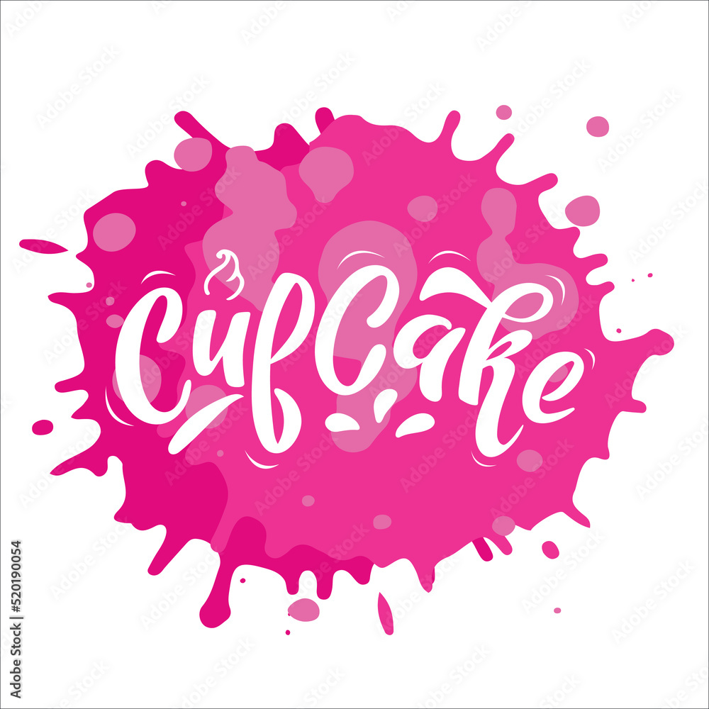 Cupcake.  White letters with cream and drops on pink watercolor spot. Vector hand lettering.Logo for bakery desserts sweet products packaging cupcakes pastry confectionary. Simple creative calligraphy
