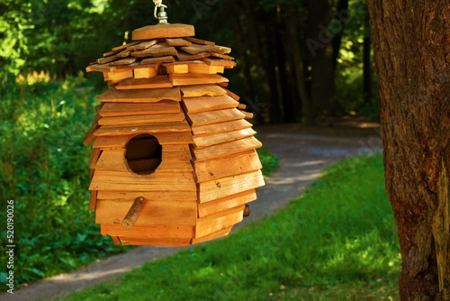 wooden birdhouse in the green park