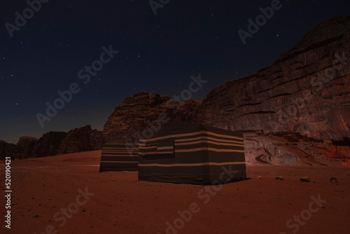 Tent camping in Wadi Rum desert in Jordan at night
