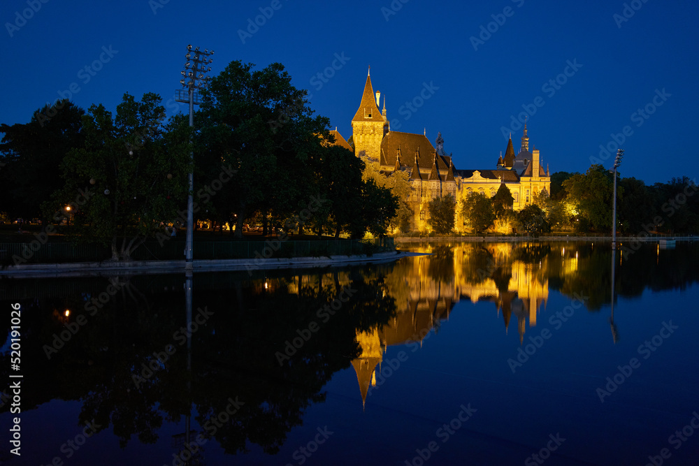 Vajdahunyad castle at night, Varosliget city park, Budapest, Hungary