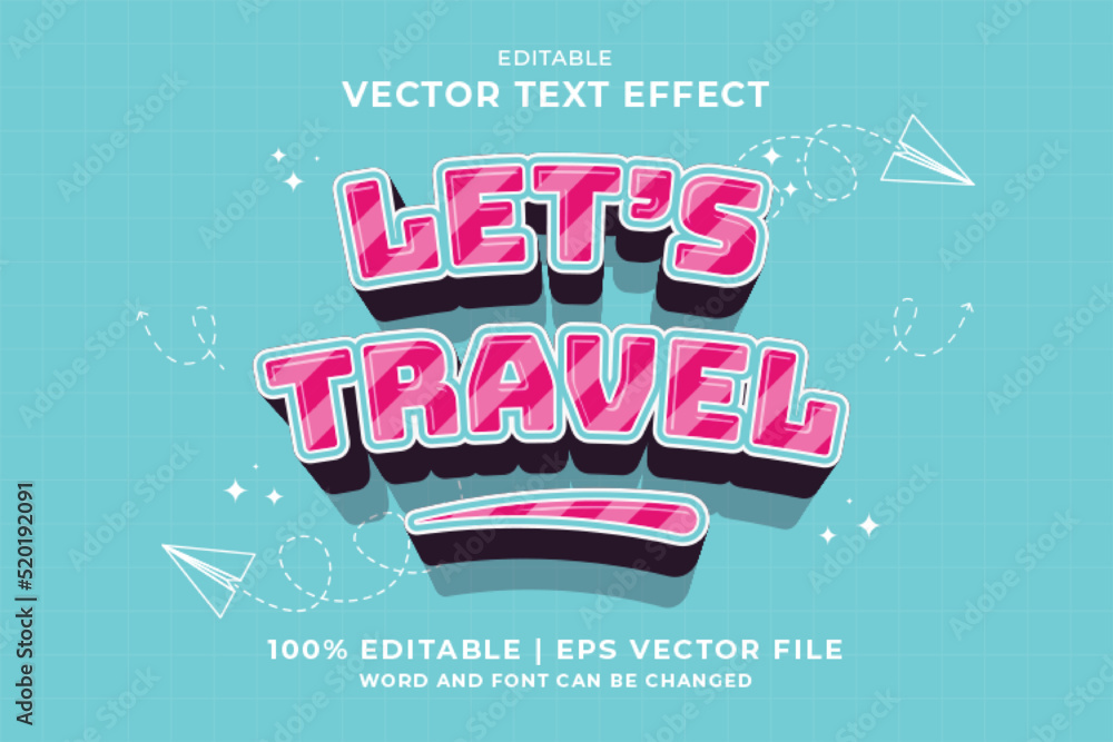 Editable text effect Lets Travel 3d cartoon template style premium vector