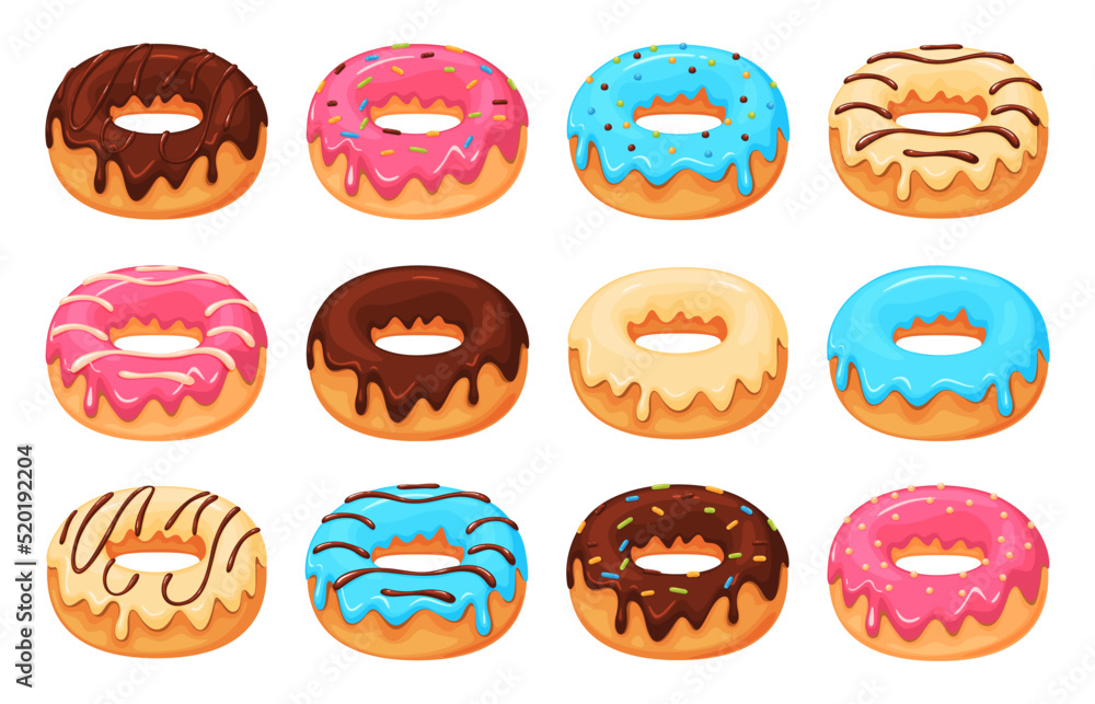 Set of colored beautiful donuts with icing and sweet sprinkles. Vector illustration Set of colored beautiful donuts with icing and sweet sprinkles. Vector illustration