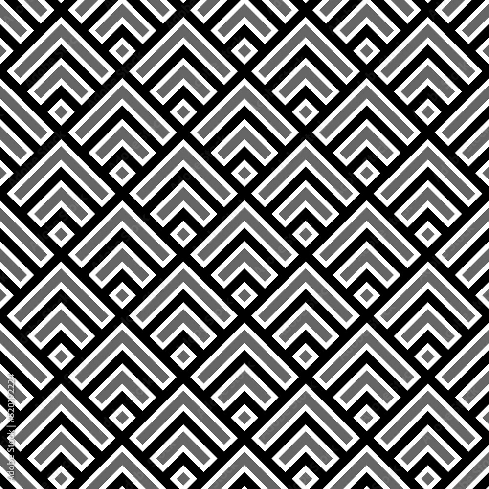 Seamless Chinese window tracery pattern design. Repeated grey rhombuses and angle brackets on black background. Scallop ornament. Image with scales. Ancient japanese scallops motif. Squama. Vector art Seamless Chinese window tracery pattern design. Repeated grey rhombuses and angle brackets on black background. Scallop ornament. Image with scales. Ancient japanese scallops motif. Squama. Vector art