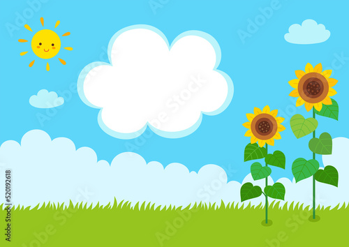 Landscape with sunflowers and cute sun.