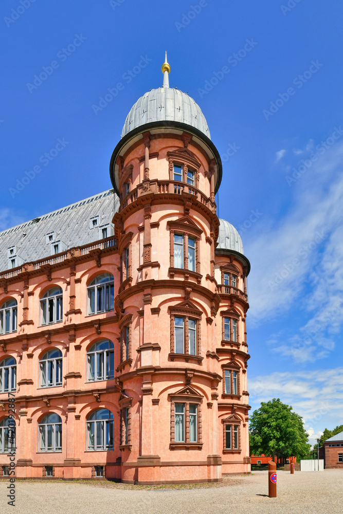 Tower of renaissance castle called 'Schloss Gottesaue' in Karlsruhe city in Germany.