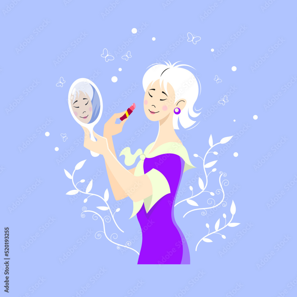 Beautiful young Asian girl applying lipstick in front of a small mirror in her hand on a light lilac background Beautiful young Asian girl applying lipstick in front of a small mirror in her hand on a light lilac background