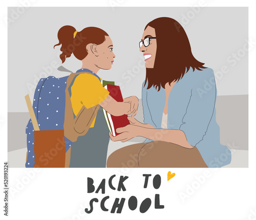 First day at school. Kid with parent on first day at school. Mother brings her daughter to school. Woman and girl with backpack and books. Beginning of lessons. Back to school. First day of fall 
