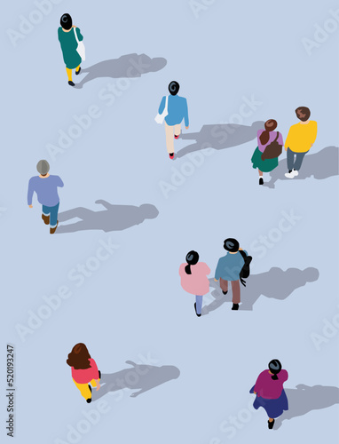 People crowd vector illustration. People walking. Top view of people set isolated. Men and women. View from above. Male and female characters. Simple flat cartoon design. Realistic vector illustration