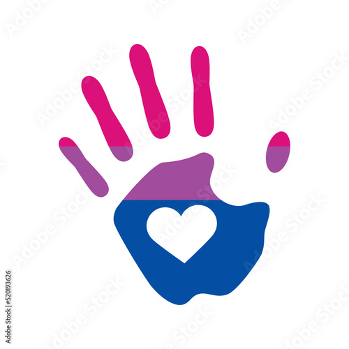 Handprint with heart bisexual pride flag icon vector. Palm print bisexual flag design element isolated on a white background