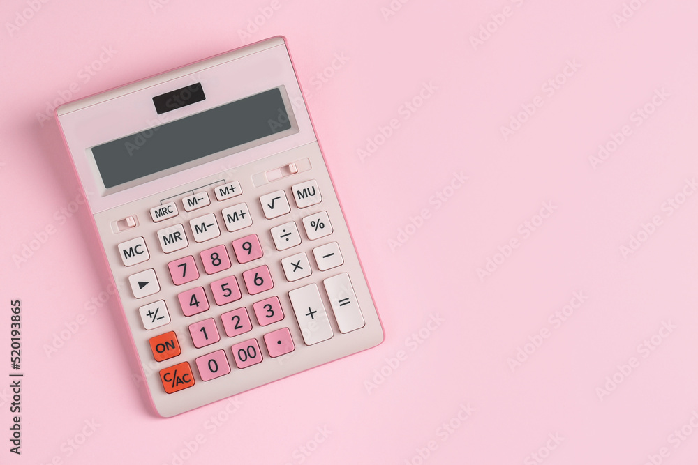 Modern calculator on pink background, top view. Space for text Modern calculator on pink background, top view. Space for text