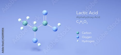 lactic acid, Alphahydroxy Acid. Molecular structure 3d rendering, Structural Chemical Formula and Atoms with Color Coding, 3d rendering photo