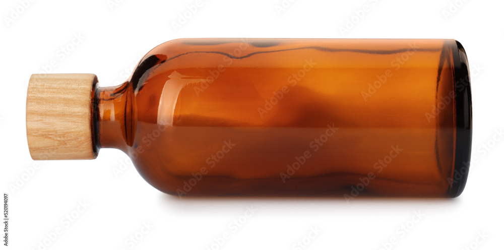 New empty glass bottle with wooden cap isolated on white
