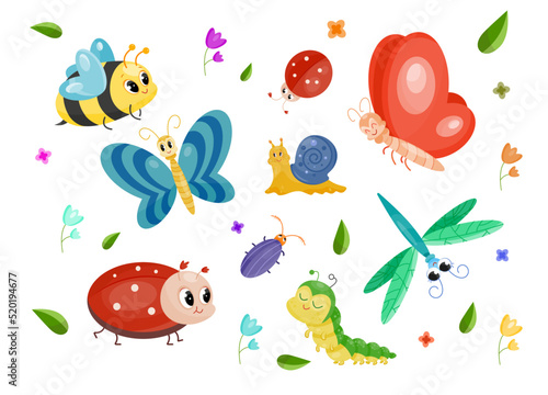 Fototapeta Naklejka Na Ścianę i Meble -  Set of insects. Fabulous stickers with butterfly, bee, dragonfly, snail, ladybug, beetle and caterpillar. Design elements for fairy tales. Cartoon flat vector collection isolated on white background