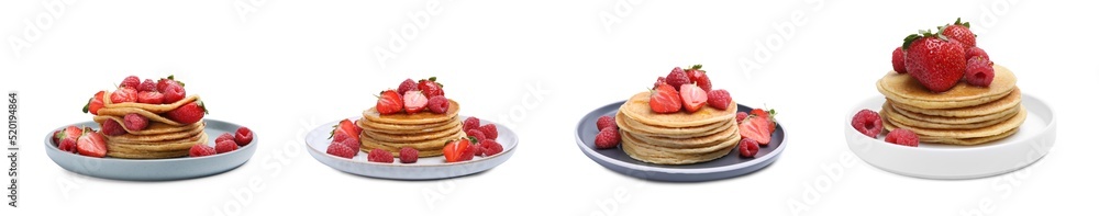 Set of tasty pancakes with fresh berries and honey on white background. Banner design Set of tasty pancakes with fresh berries and honey on white background. Banner design