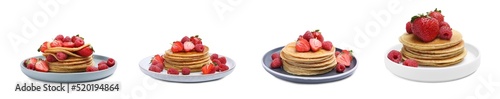 Set of tasty pancakes with fresh berries and honey on white background. Banner design