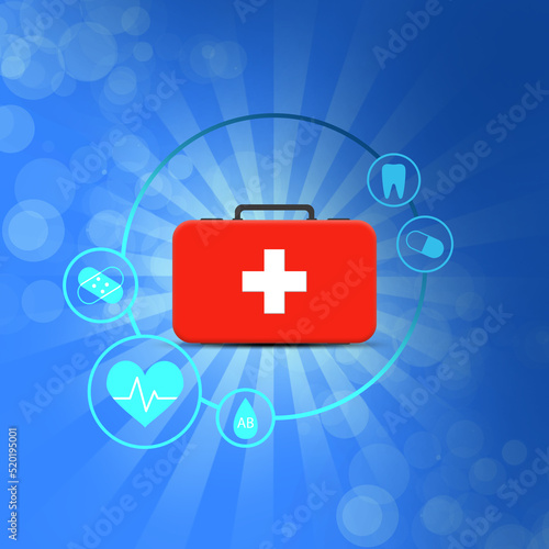 First aid kit and different icons on blue background, illustration © New Africa