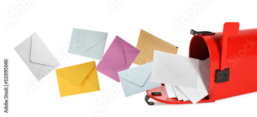 Fotografija Different color envelopes flying out from red letter box on white background