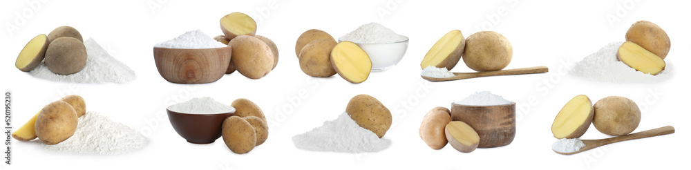 Set with starch and fresh potatoes on white background. Banner design
