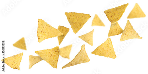 Tasty tortilla chips (nachos) falling on white background. Banner design