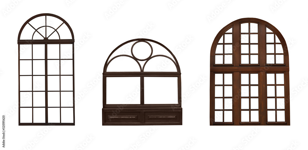Beautiful wooden arch window frames on white background, collage. Banner design - obrazy, fototapety, plakaty 