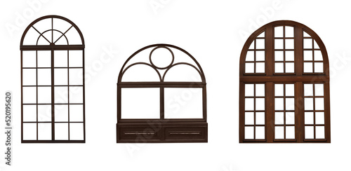 Beautiful wooden arch window frames on white background, collage. Banner design