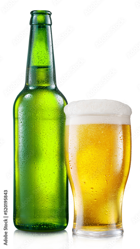 Opened green bottle of cold beer with beer glass isolated on a white background. File contains clipping path. Opened green bottle of cold beer with beer glass isolated on a white background. File contains clipping path.