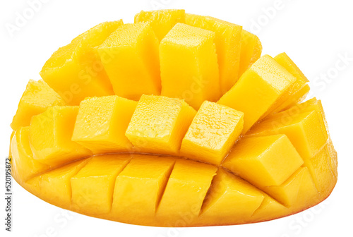 Half of mango fruit cut in hedgehog style. File contains clipping path.