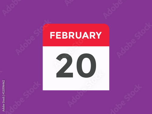 February 20 calendar reminder. 20th February daily calendar icon template. Vector illustration 