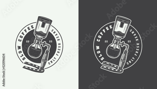 Set of vintage retro style coffee emblems, logos, badges. Can be used like poster or print. Monochrome Graphic Art. Vector Illustration. Detailed woodcut style