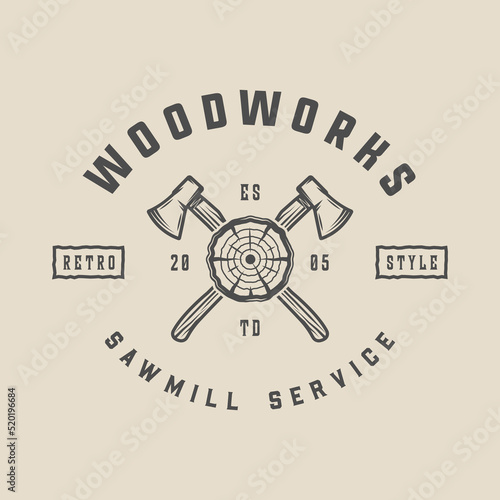 Vintage retro woodwork carpentry mechanic emblem, logo, badge, label. mark, poster or print. Monochrome Graphic Art. Vector Illustration. Engraving
