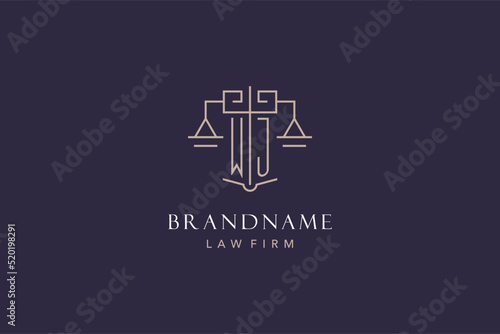 Initial letter WJ logo with scale of justice logo design, luxury legal logo geometric style