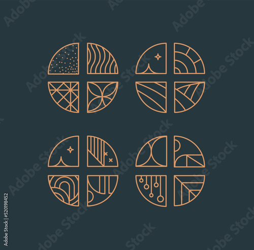 Set of creative modern art deco chevrons in flat line style drawing on blue background.