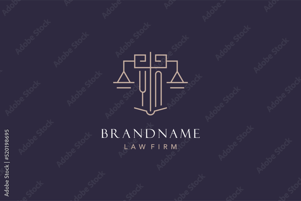 Initial letter YN logo with scale of justice logo design, luxury legal logo geometric style - obrazy, fototapety, plakaty 