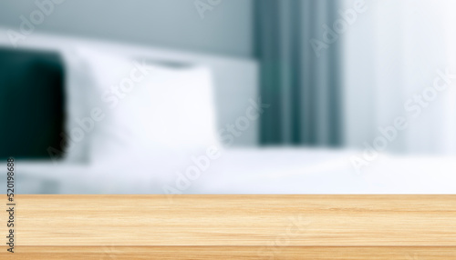 Montage tabletop with free space for designer ideas. Wooden table, shelf in a hotel room.