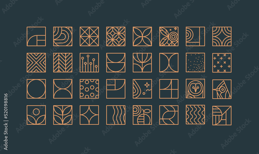 Set of creative modern art deco icons in flat line style drawing on blue background.